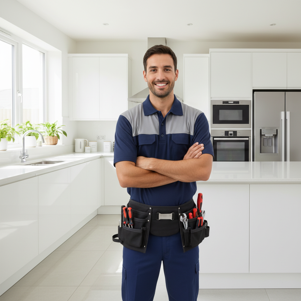Smiling appliance repair technician standing in a modern kitchen